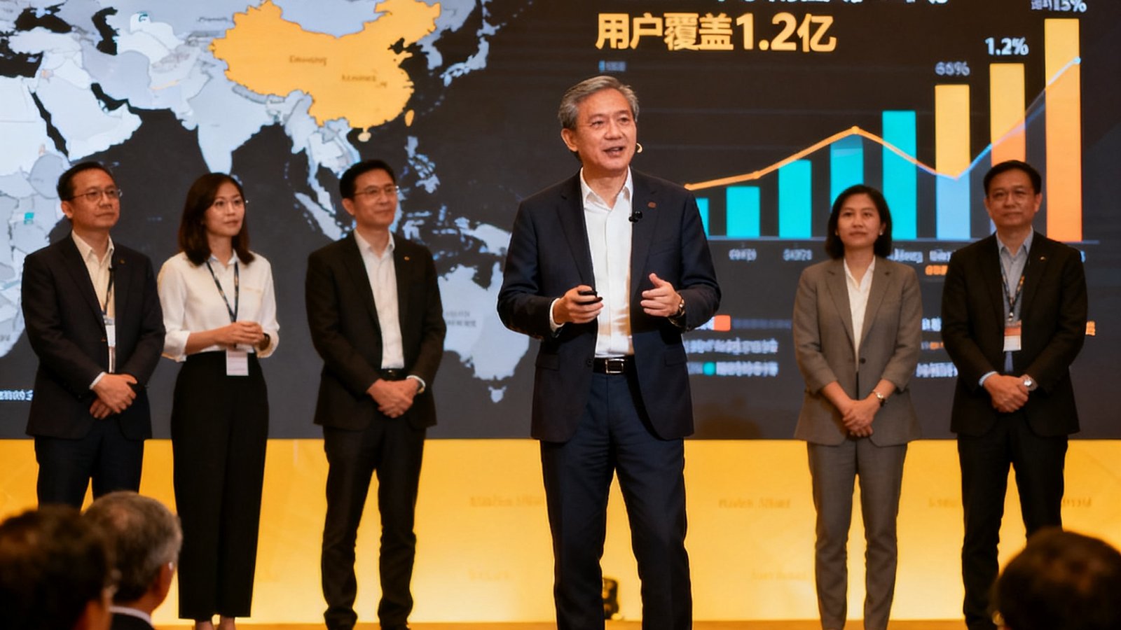 华体会东南亚市场拓展新闻发布会现场，高管团队在台上宣布战略计划，背景屏幕显示东南亚地图和市场数据。